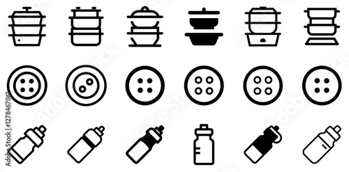 "Double Boiler, Clothes Button, and Sports Water Bottle Vector Icon Set – Cooking, Fashion, and