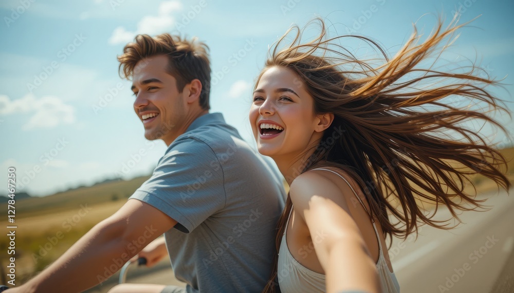 A vibrant young couple rides together on a bike, their hair flowing in the wind as they smile joyfully A vibrant young couple rides together on a bike, their hair flowing in the wind as they smile joyfully