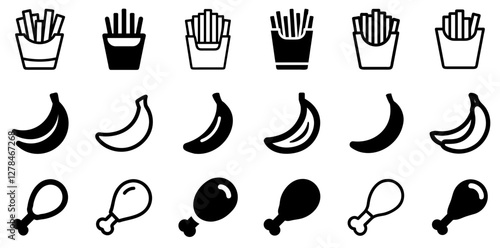 "French Fries, Banana, and Chicken Leg Vector Icon Set – Delicious Snacks and Culinary Favorites"