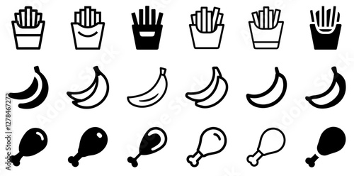 "French Fries, Banana, and Chicken Leg Vector Icon Set – Delicious Snacks and Culinary Favorites"