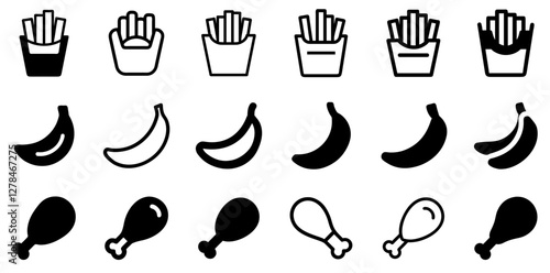 "French Fries, Banana, and Chicken Leg Vector Icon Set – Delicious Snacks and Culinary Favorites"