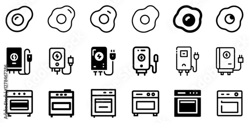 "Fried Egg, Efficient Electric Water Heater, and Oven Vector Icon Set – Culinary Convenience and Kitchen Essentials"