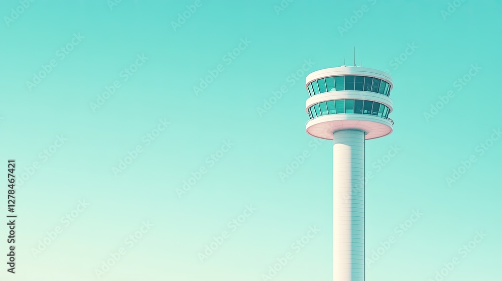 A high-tech airport control tower standing against a clear blue sky, symbolizing air traffic management A high-tech airport control tower standing against a clear blue sky, symbolizing air traffic management