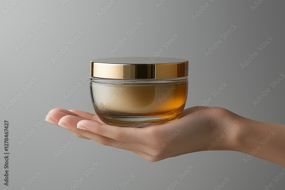 A womans palm presenting a luxurious glass jar of face cream, placed against a smooth neutral gray background A womans palm presenting a luxurious glass jar of face cream, placed against a smooth neutral gray background
