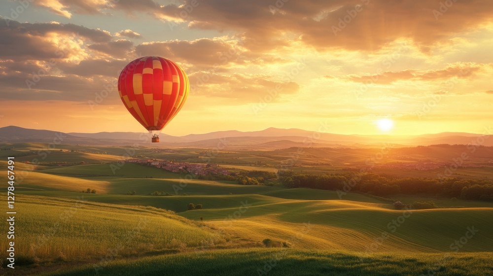 Fototapeta premium A hot air balloon floating above rolling green hills during golden hour, symbolizing freedom and adventure.