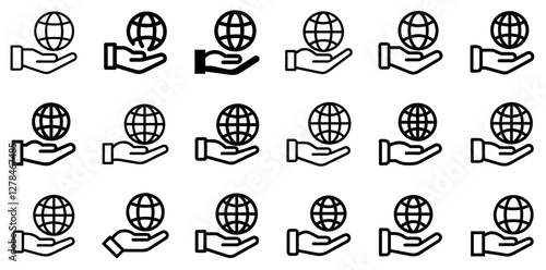 "Hand and Globe Vector Icon Set – Global Connection and Humanity"