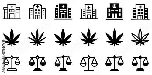 "Hospital Building, Marijuana Leaf, and Scales of Justice Vector Icon Set – Health, Wellness, and Law"