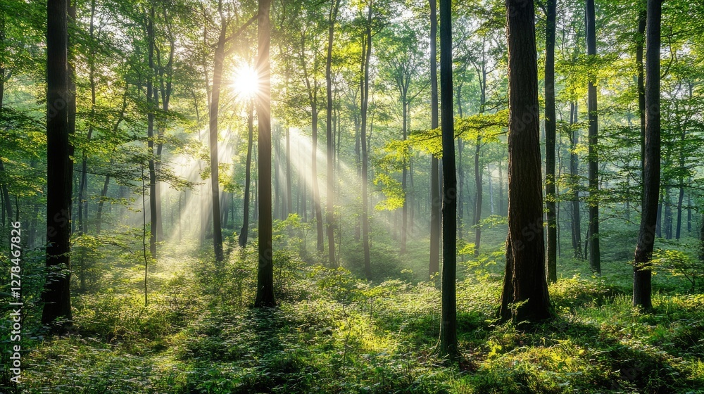Obraz premium A lush forest with tall trees bathed in sunlight, showing vibrant greenery and healthy plant life, symbolizing the importance of ecological conservation.