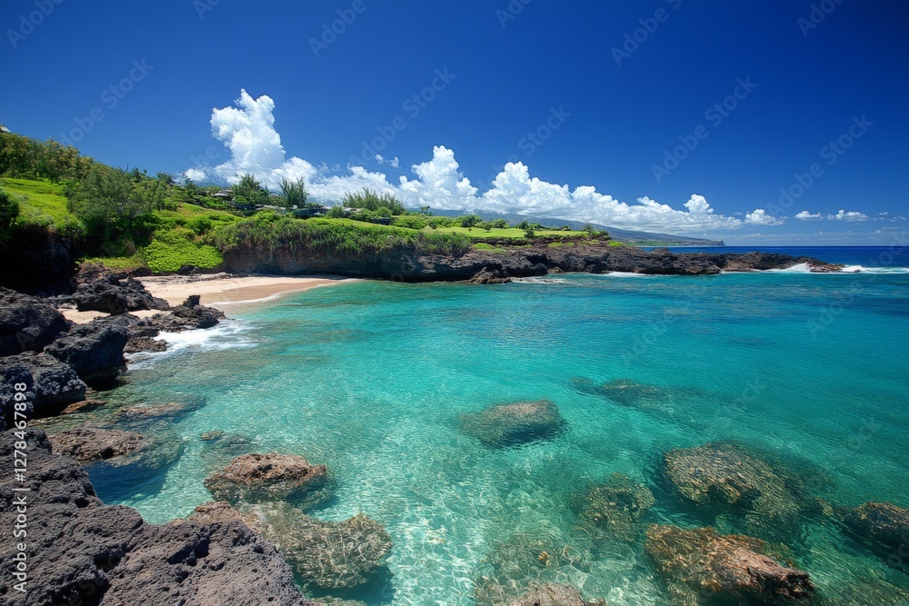 Coastal paradise featuring clear turquoise waters and lush greenery under a bright blue sky Coastal paradise featuring clear turquoise waters and lush greenery under a bright blue sky