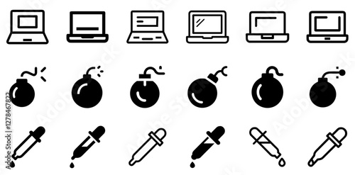 "Laptop, Bomb, and Dropper Vector Icon Set – Technology, Tension, and Precision"