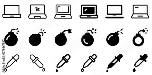"Laptop, Bomb, and Dropper Vector Icon Set – Technology, Tension, and Precision"