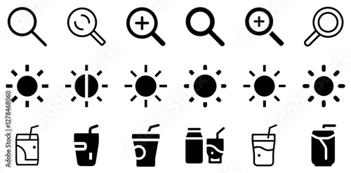 "Magnifying Glass, Brightness, and Soft Drink Vector Icon Set – Clarity, Refreshment, and Illumination"