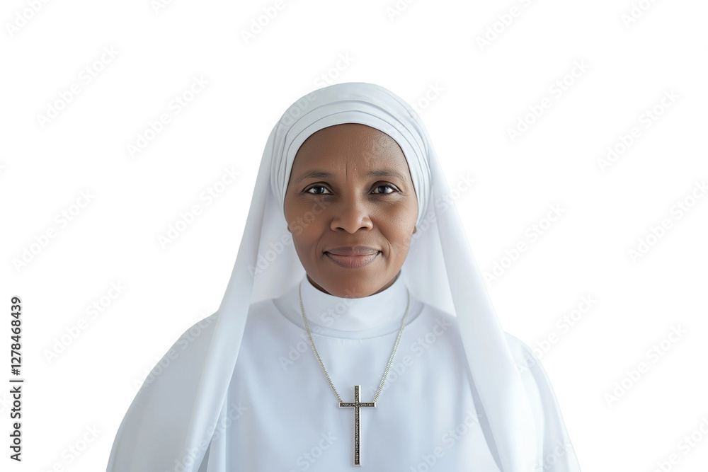 Eritrean nun in white habit and cross necklace isolated on transparent white background Eritrean nun in white habit and cross necklace isolated on transparent white background