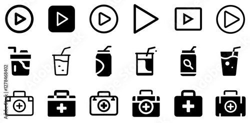 "Play Button, Soft Drink, and First Aid Kit Vector Icon Set – Fun, Refreshment, and Safety"