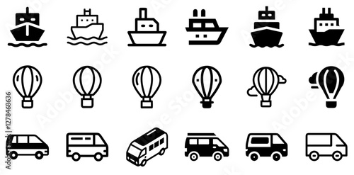 "Ship, Hot Air Balloon, and Sprinter Van Vector Icon Set – Travel, Adventure, and Logistics"