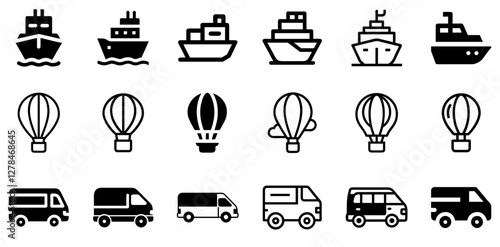 "Ship, Hot Air Balloon, and Sprinter Van Vector Icon Set – Travel, Adventure, and Logistics"