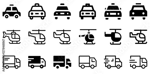 "Taxi, Helicopter, and Delivery Truck Vector Icon Set – Versatile Transport Collection"