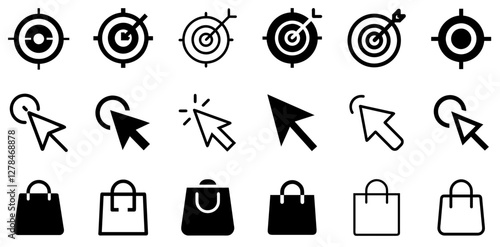 "Target, Cursor Click, and Shopping Bag Vector Icon Set – Precision, Action, and Retail"