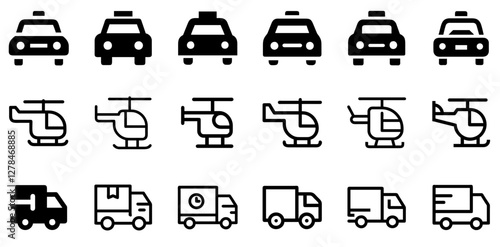 "Taxi, Helicopter, and Delivery Truck Vector Icon Set – Versatile Transport Collection"