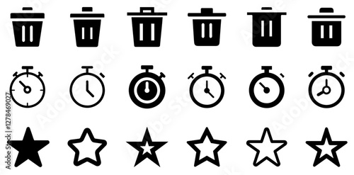 "Trash, Stopwatch, and Star Vector Icon Set – Essential Symbols for Design"