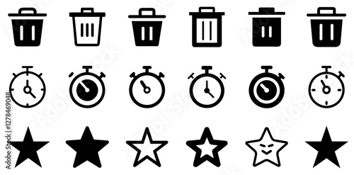 "Trash, Stopwatch, and Star Vector Icon Set – Essential Symbols for Design"