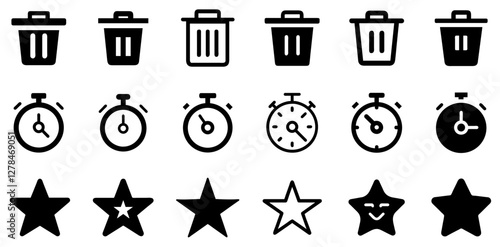 "Trash, Stopwatch, and Star Vector Icon Set – Essential Symbols for Design"