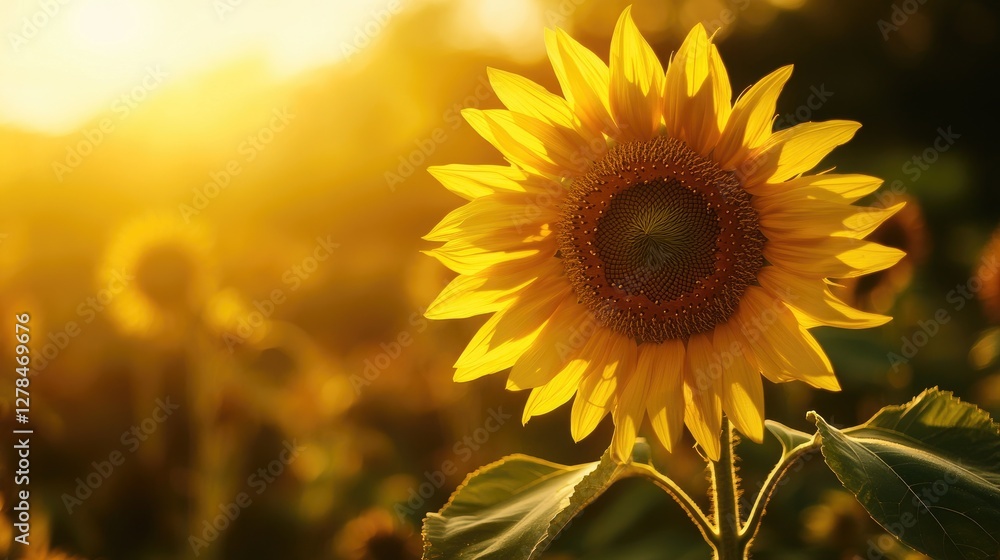 Fototapeta premium A radiant sunflower standing tall in the golden light of the late afternoon sun.