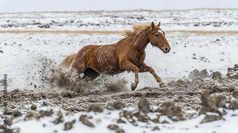 Majestic horse galloping in motion on dusty ground with powerful muscles, long flowing mane, and elegant posture, captured in dynamic action with dust rising against a neutral background.
Majestic horse galloping in motion on dusty ground with powerful muscles, long flowing mane, and elegant posture, captured in dynamic action with dust rising against a neutral background.