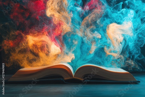 Open Book Surrounded by Colorful Smoke of Blue and Orange Tones