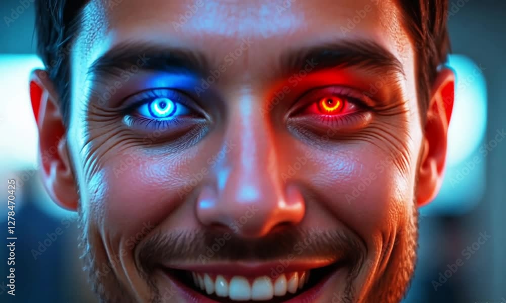humanoid robot with blue and red eyes smiles at the camera humanoid robot with blue and red eyes smiles at the camera