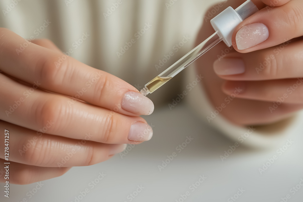 close-up of a woman's hands applying cuticle oil from a small glass bottle using a pipette. close-up of a woman's hands applying cuticle oil from a small glass bottle using a pipette.