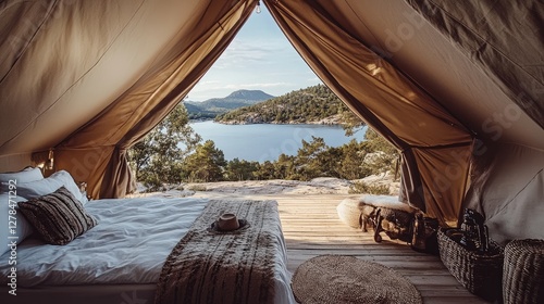 A stylish glamping tent with bohemian decor  a cozy bed  and a view of a stunning natural landscape.