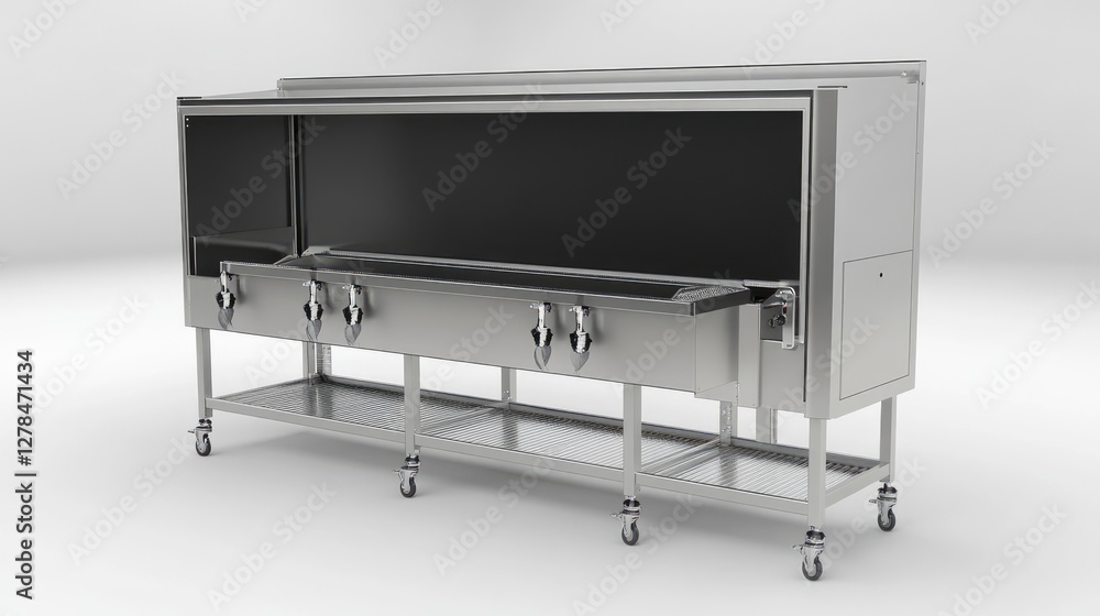 Industrial bottle washing unit with conveyor-based movement and adjustable water temperature. Industrial bottle washing unit with conveyor-based movement and adjustable water temperature.