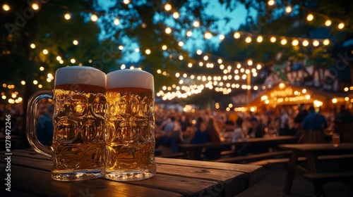 Beer mugs outdoor, festive outdoor lighting, night time celebration, beer garden scene, party atmosphere, social gathering