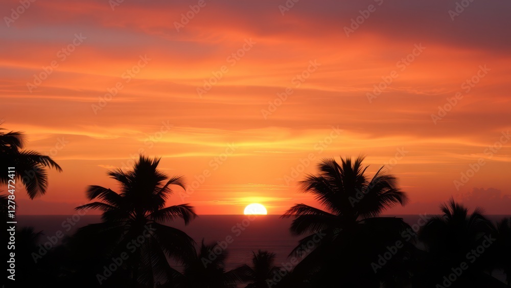 Obraz premium arafed view of a sunset with palm trees and a body of water