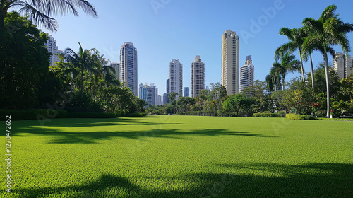 Fototapeta Naklejka Na Ścianę i Meble -  A large green lawn in front of the city skyline.