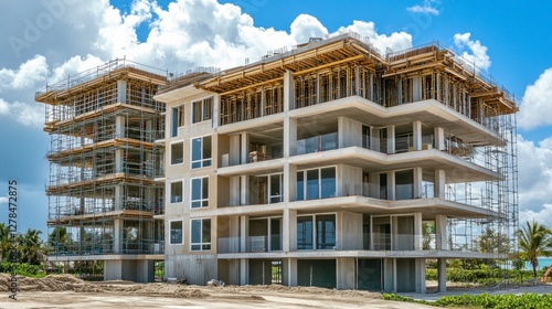 A beachfront condominium complex under construction with large balconies and ocean views