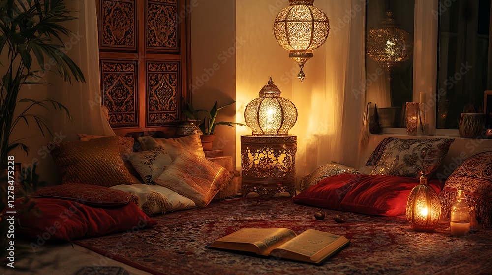 Fototapeta premium Cozy Oriental Reading Nook with Pillows, Lanterns, and Open Book