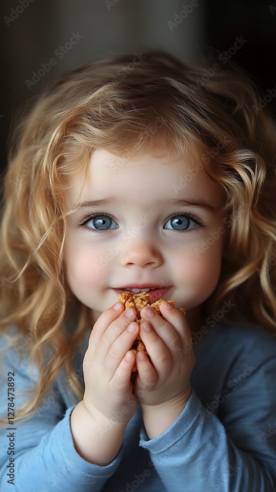 Baby girl eating cookie indoor close up Baby girl eating cookie indoor close up