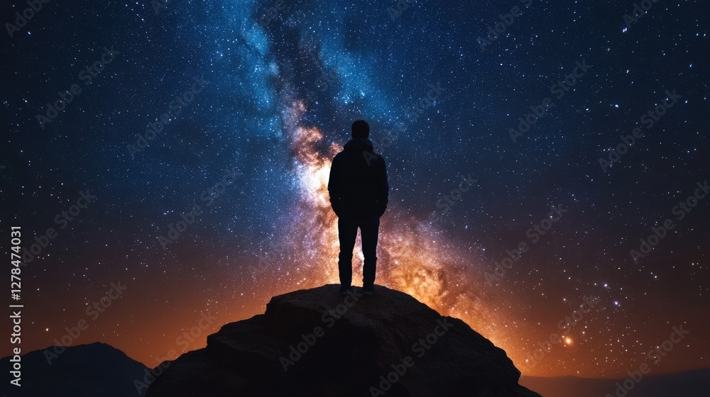 Fototapeta premium A solitary figure stands atop a rocky outcrop, gazing at the breathtaking night sky filled with stars and a vivid Milky Way, embodying the awe of the universe and nature's grandeur.