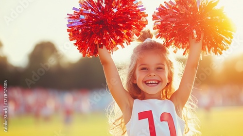 Happy girl cheerleader with pom-poms.