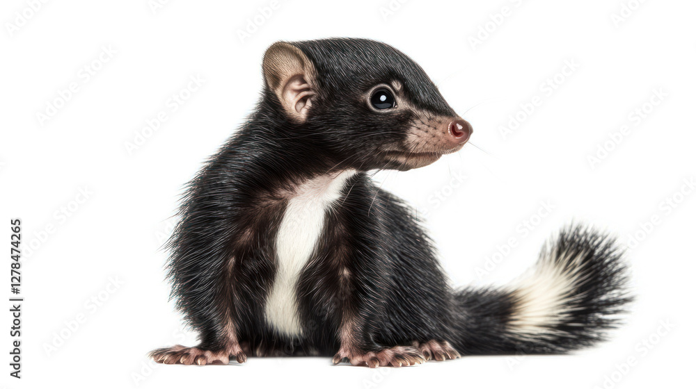 A detailed close-up of a black and white squirrel-like animal, showcasing its features against a plain background A detailed close-up of a black and white squirrel-like animal, showcasing its features against a plain background