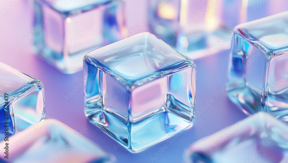 Close-up of translucent ice cubes on a vibrant purple background. Close-up of translucent ice cubes on a vibrant purple background.