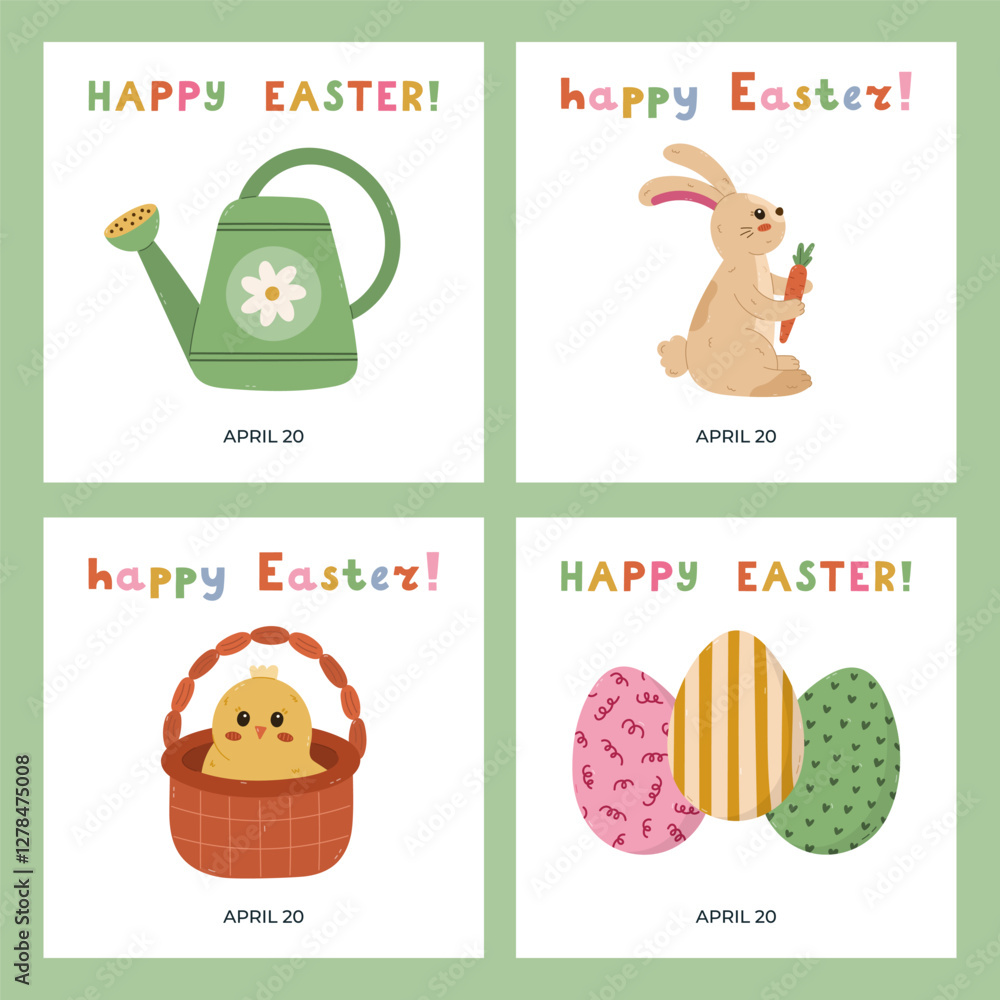 Fototapeta premium Lovely set with square banners for Happy Easter Day with colorful doodle of cute chick in basket, fluffy standing bunny, painted Easter egg, watering can. Simple poster for religious spring holiday.