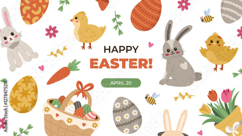 Horizontal multicolored banner for Happy Easter Day with clipart of fuzzy Easter bunny, ornate painted eggs, baby chicken, basket. Lovely holiday poster, website, social media post in pastel colors