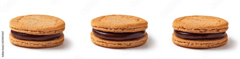 Three delicious chocolate-filled sandwich cookies arranged on a clean surface for a tempting dessert display Three delicious chocolate-filled sandwich cookies arranged on a clean surface for a tempting dessert display