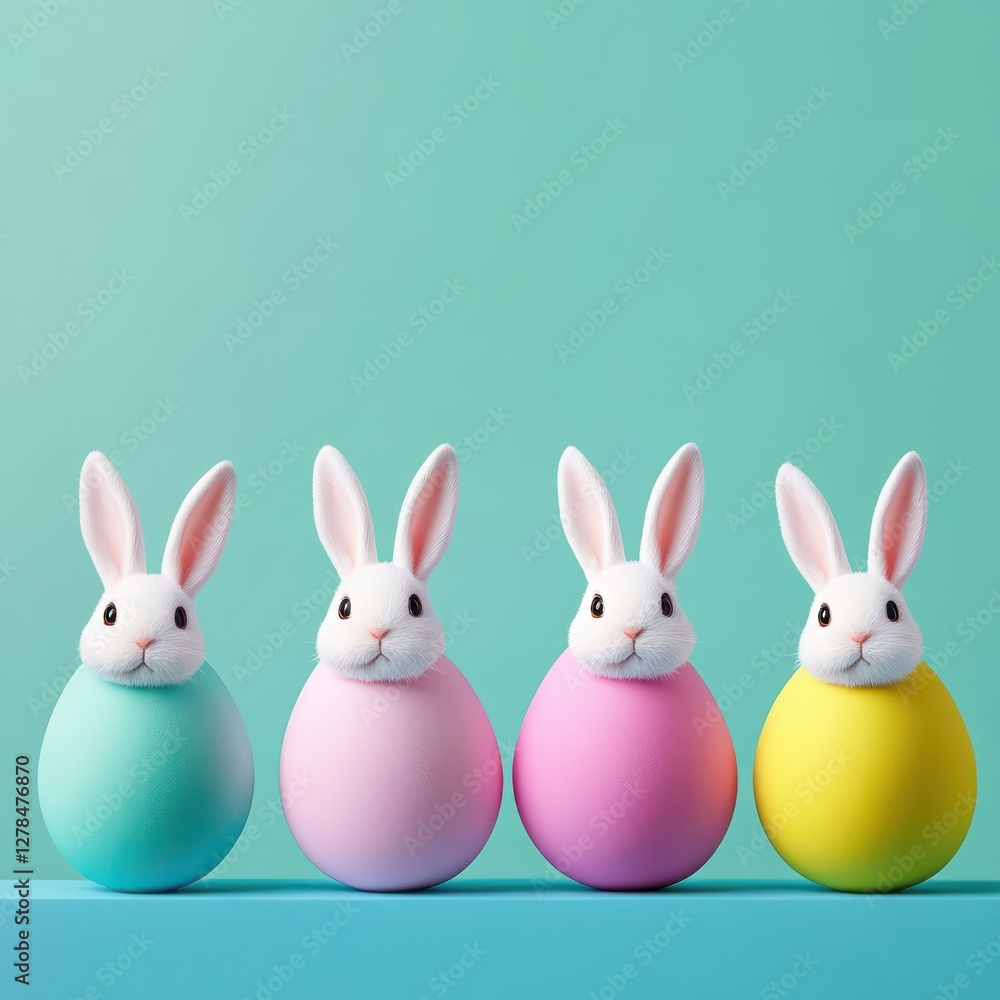Four happy bunnie with colorfull easter eggs Four happy bunnie with colorfull easter eggs