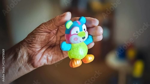 Wallpaper Mural A hand holding a small, colorful, plastic toy bear, likely in a home environment, suggesting playfulness Torontodigital.ca