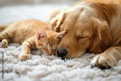 Orange kitten and golden retriever puppy cuddle together. Lovely dog and cat sleep. Perfect concept for pet supply , baby product, indoor advertising.