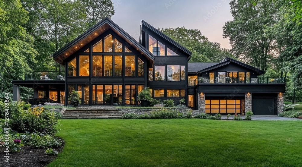 Modern black luxury home with large windows, nestled in green landscape. Modern black luxury home with large windows, nestled in green landscape.